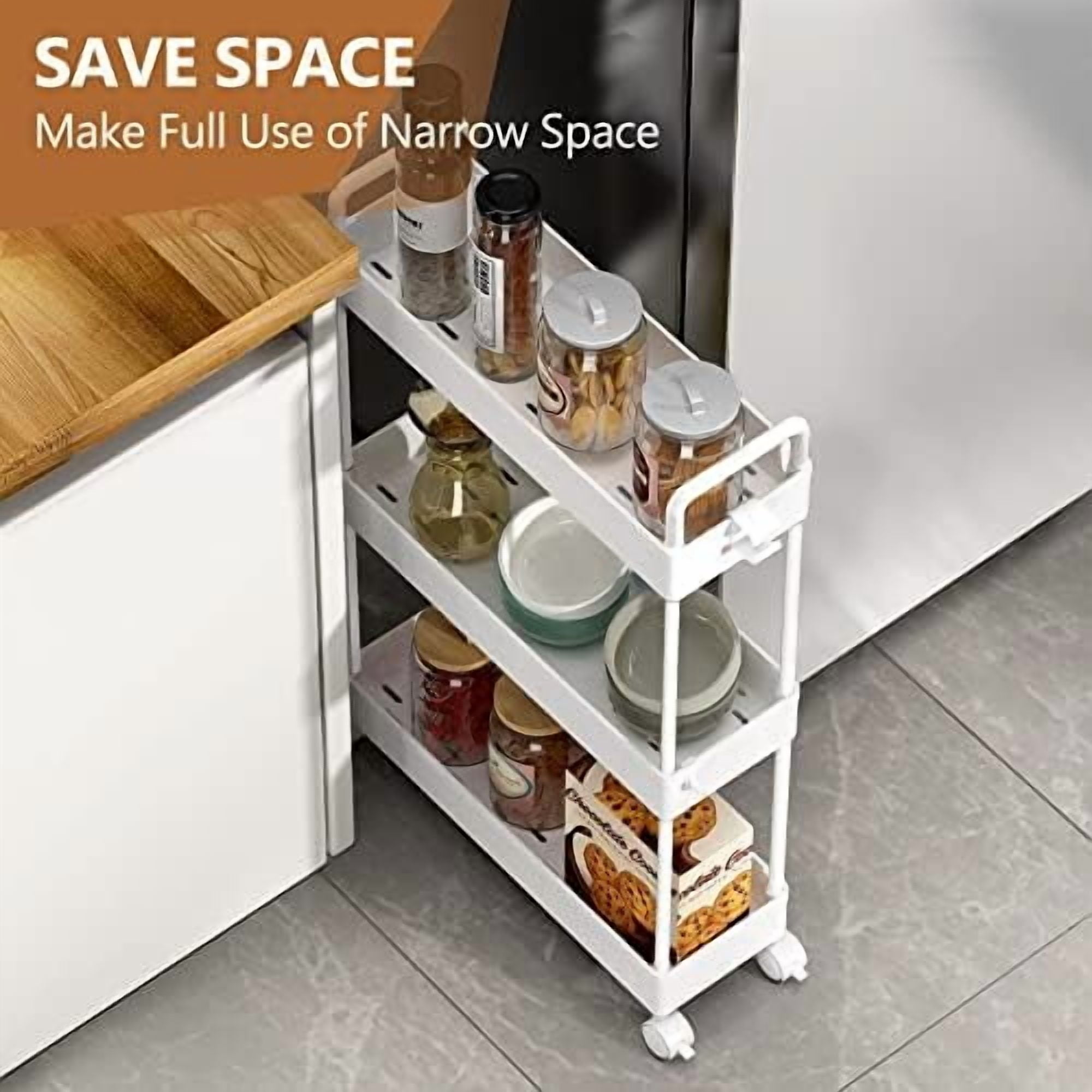 Slim Rolling Storage Cart with Wheels 3 Tier Skinny Bathroom Storage Organizer Thin Laundry Room Utility Cart Space-Saving for Bedside Kitchen Office Small Narrow Places, White