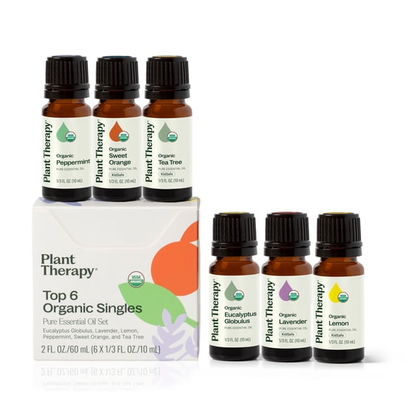 Plant Therapy Organic Essential Oil Set - Lavender, Peppermint, Eucalyptus, Lemon, Tea Tree, Orange, 100% Pure, USDA Organic, 10 mL