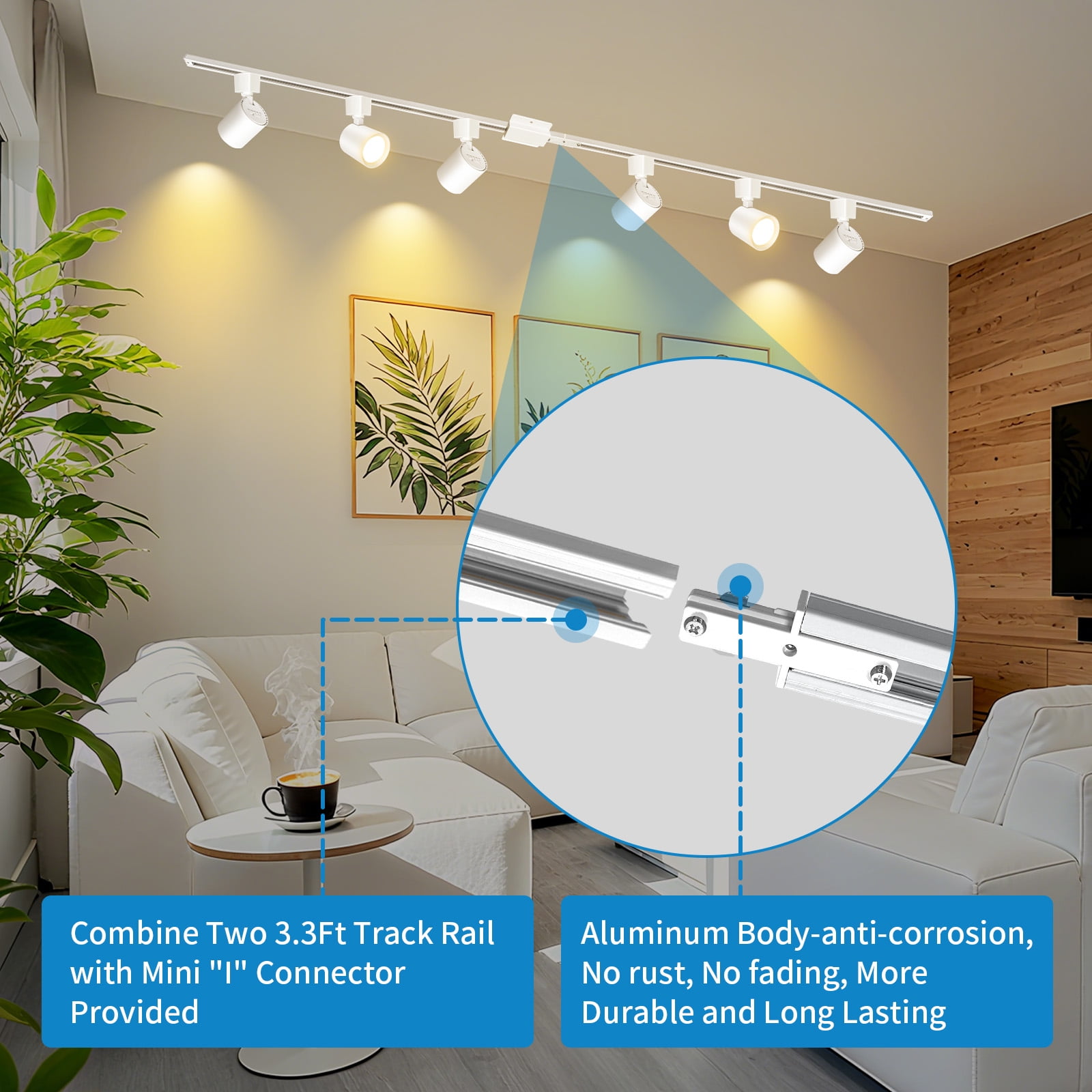 6-Light LED Track Lighting Kit with 6.6FT H Type Track Lighting Rail, Dimmable Track Lights Modern Kitchen Track Lighting Fixtures Ceiling Spot Light 2700K-5000K, CRI90+, 36° Beam 10W 800lm, White