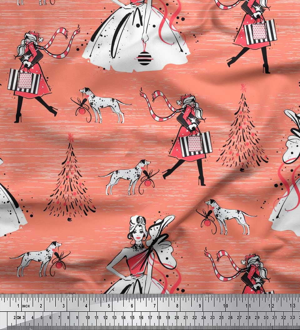 Soimoi Viscose Chiffon Fabric Dog,Women & Tree Christmas Print Sewing Fabric Yard 42 Inch Wide