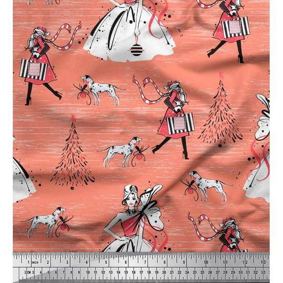 Soimoi Poly Georgette Fabric Dog,Women & Tree Christmas Print Fabric by the Yard 42 Inch Wide
