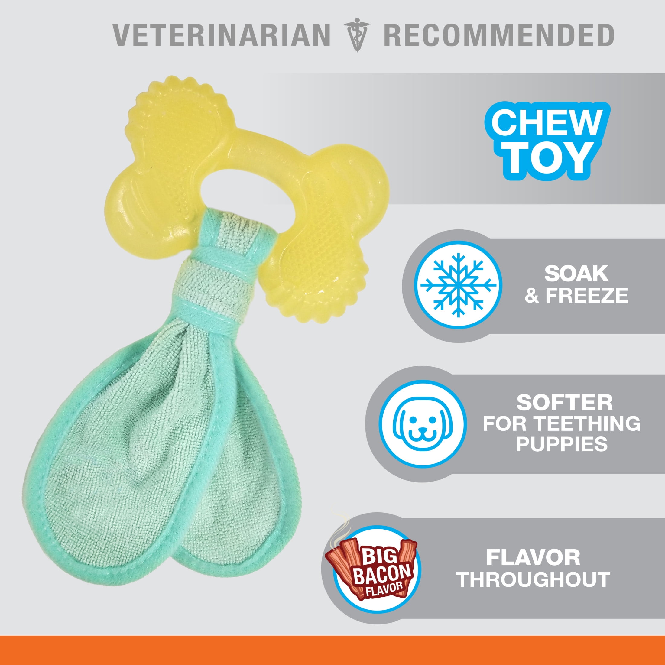Nylabone Puppy Chew 2-in-1 Teething Freezer Bone Cloth Chew Toy Bacon Yellow Small (1 Count)