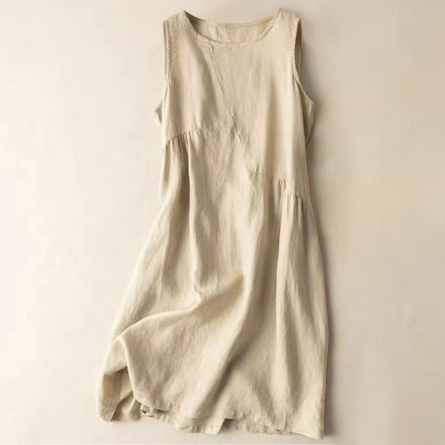 Drppepioner Robes Sans Manches pour Femmes Grande Taille, Été, Robe Mi-Mollet Sans Manches à Col Rond en Coton et Lin Unie et Ample pour Femmes Blanche