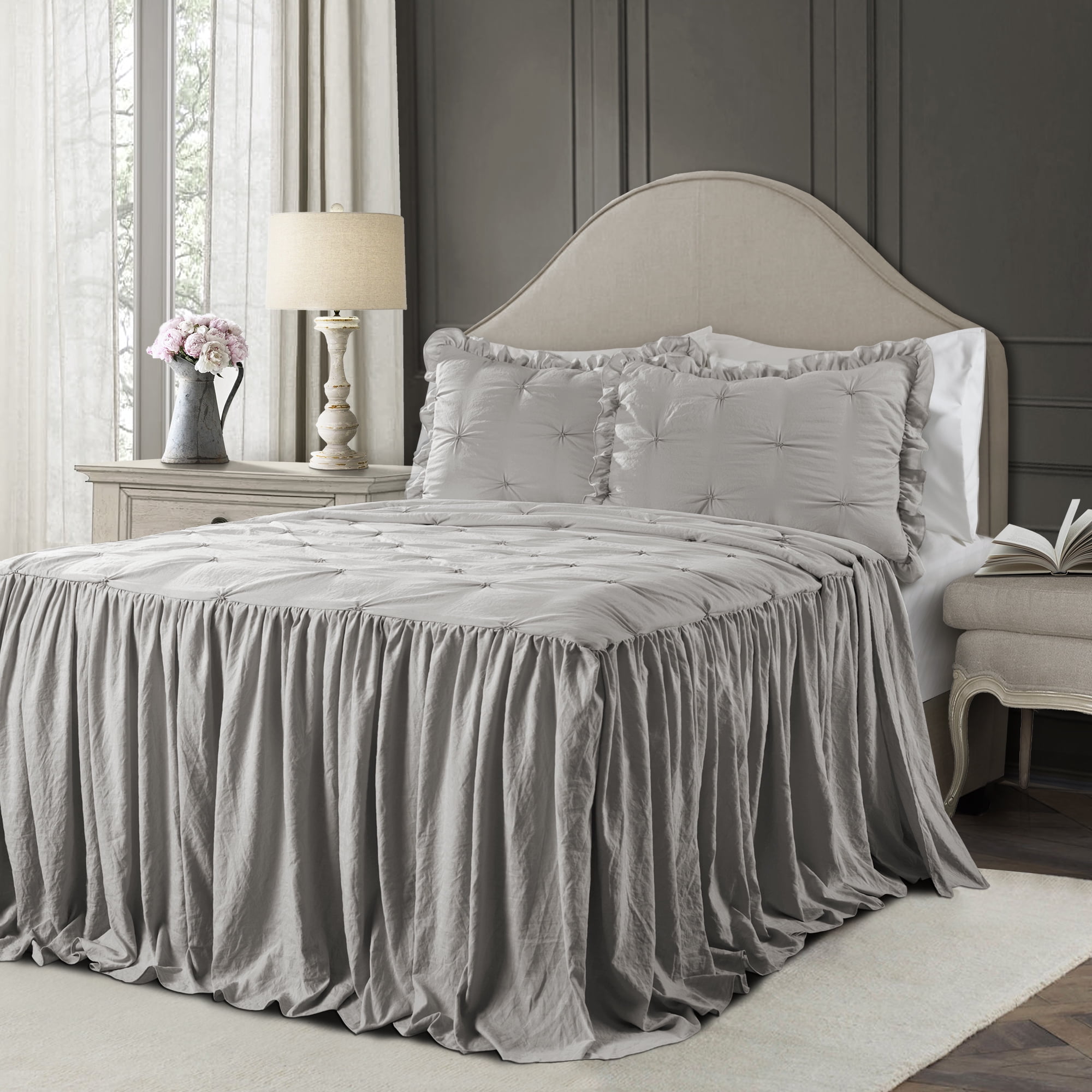 Lush Decor Ravello Pintuck Bedspread, Full, Light Gray, 3Pc Set