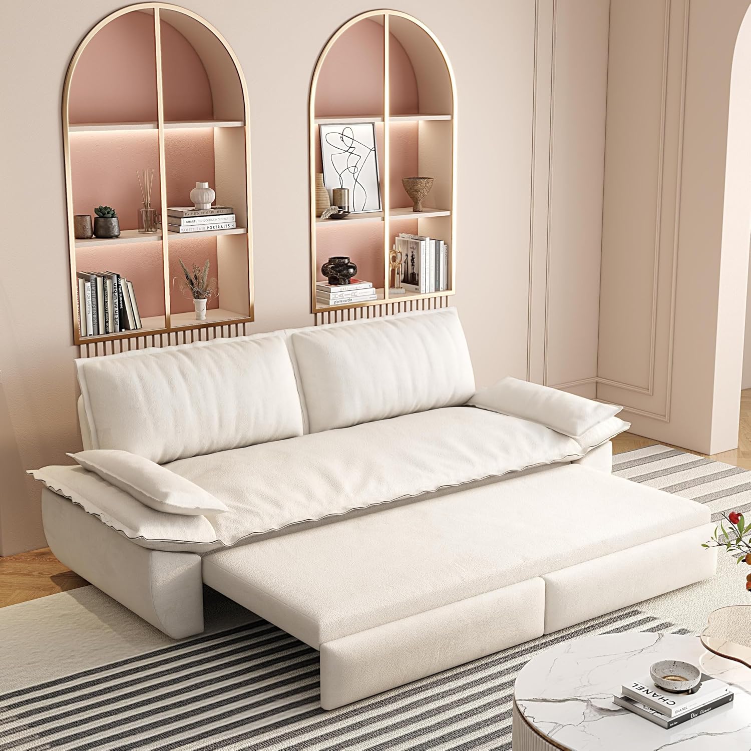 73.2" Queen 3‑In‑1 Convertible Sleeper Sofa Bed, Velvet Pull Out Multi‑Functional Loveseat, Beige+White