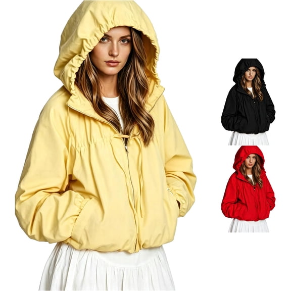Jane Wardrobe Oversized Drawstring Hooded Jacket for Women, Bow Accent Lantern Sleeve, Lightweight Nylon Casual Zip Up Coat, 1 Piece, XS-L