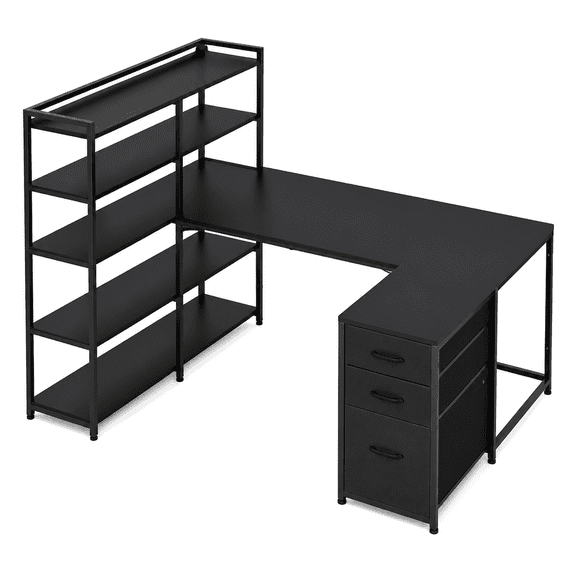 L Shaped Gaming Desk with Power Outlet and LED Lights, Reversible Corner Computer Desk with Storage Shelves and 3 Fabric Drawers, Black