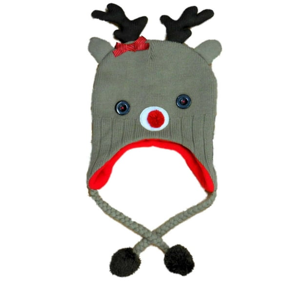 Womens Brown Knit Reindeer Peruvian Style Trapper Hat Fleece Lined