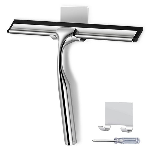 Efoee Stainless Steel Squeegee for Shower Glass Doors,10inch All-Purpose Squeegee with Adhesive Hooks for Bathroom,Mirror,Wiper Car Window,Tile,Walls Cleaning,1pc