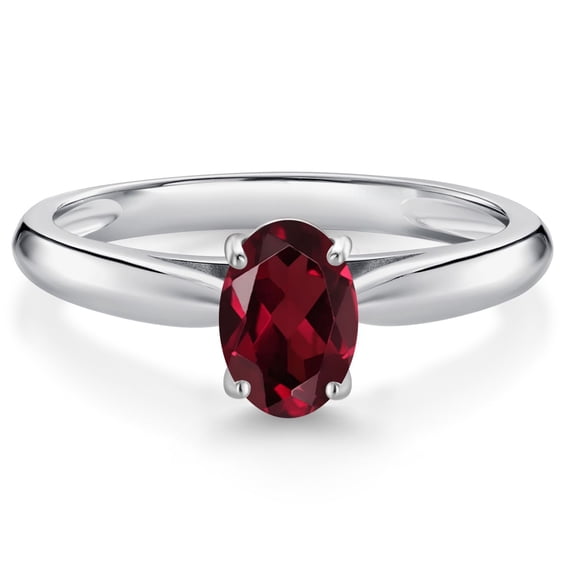 Gem Stone King 10K White Gold Red Rhodolite Garnet Solitaire Engagement Ring for Women (0.90 Cttw, Oval 7X5MM, Gemstone January Birthstone, Size 8)