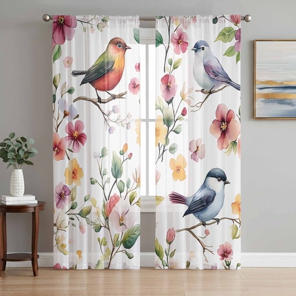 Colorful Flowers Sheer Curtains 96 Inch Length 2 Panels Set, Pastoral Floral Colorful Birds Voile Window Treatment Semi Sheer Long Curtains Drapes for Bedroom/Living Room/Kitchen 52"x96"x2