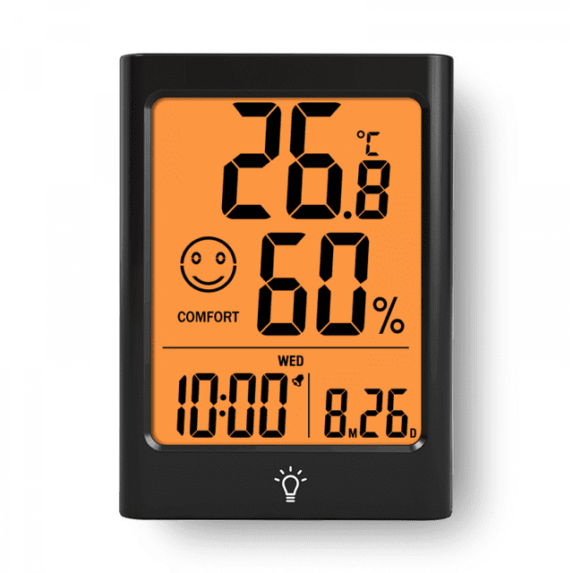 Thermomètre Intérieur Numérique et Capteur d'Humidité, Smart Rumsmätare avec Rétroéclairage led, Komfortindikator, Enregistrement Max/Min, Temps, Calendrier, Noir