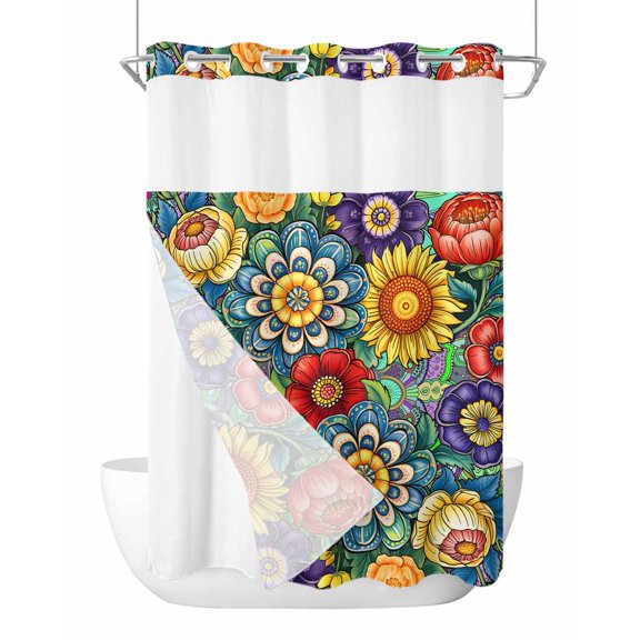 No Hook Shower Curtain with Snap-in Liner, Boho Colorful Floral Waterproof Fabric Bathroom Curtains, Spring Flower Botanical Sunflowers Plant Bath Curtains & Mesh Top Window 72"x84" Long