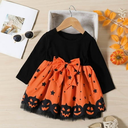 

Yiwula Toddler Girls Long Sleeve Hallowmas Star Pumpkin Prints Bowknot Tulle Princess Dress Clothes