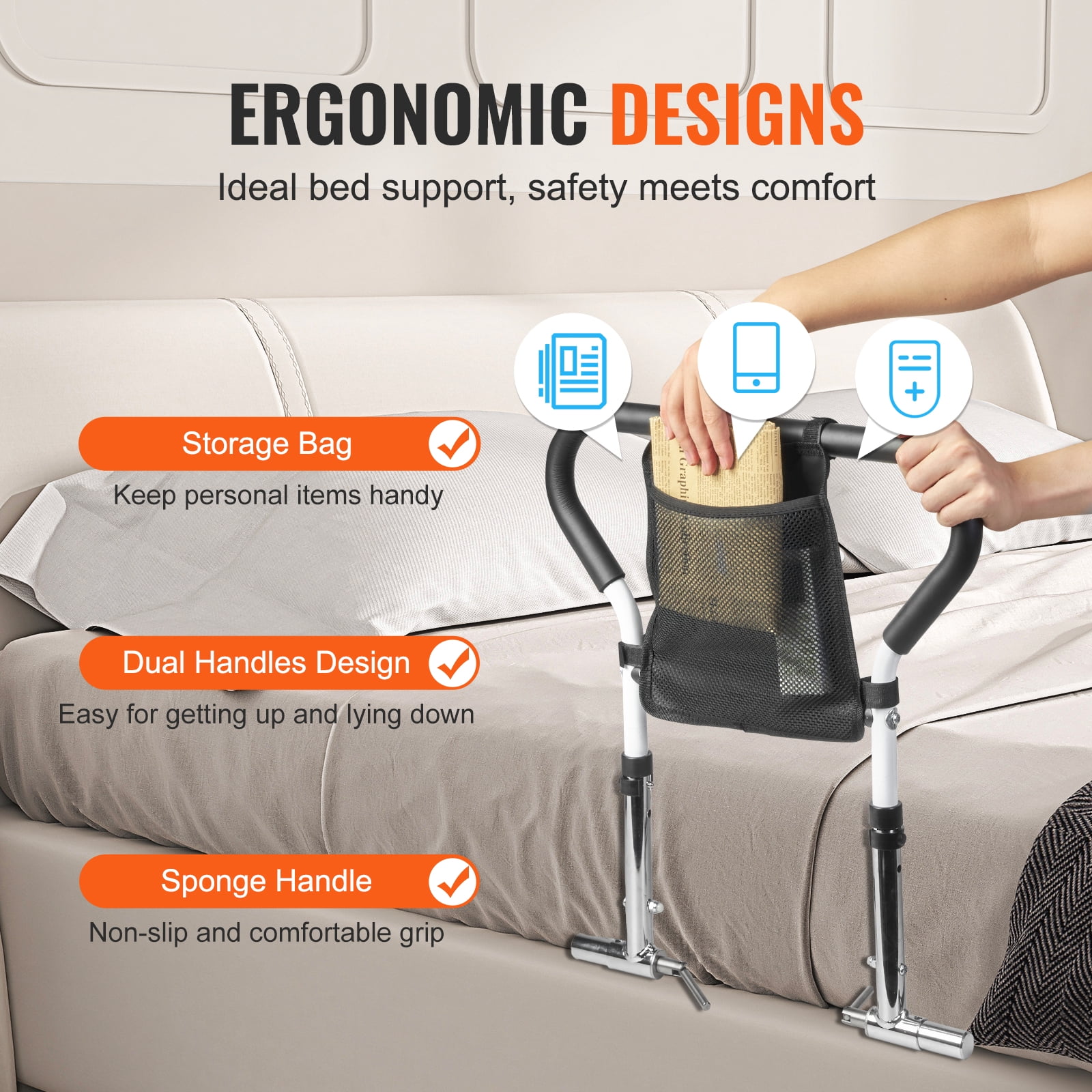 SKYSHALO Bed Rails for Elderly Adults Safety with Adjustable Heights Storage Pocket Assist Support Side Railings