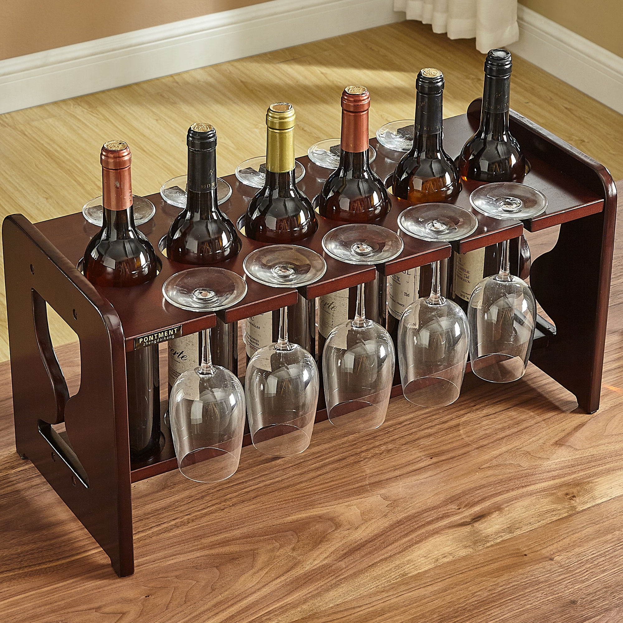PONTMENT Wine Bottle with Wine Glass Holder Solid Wood Tabletop Wine
