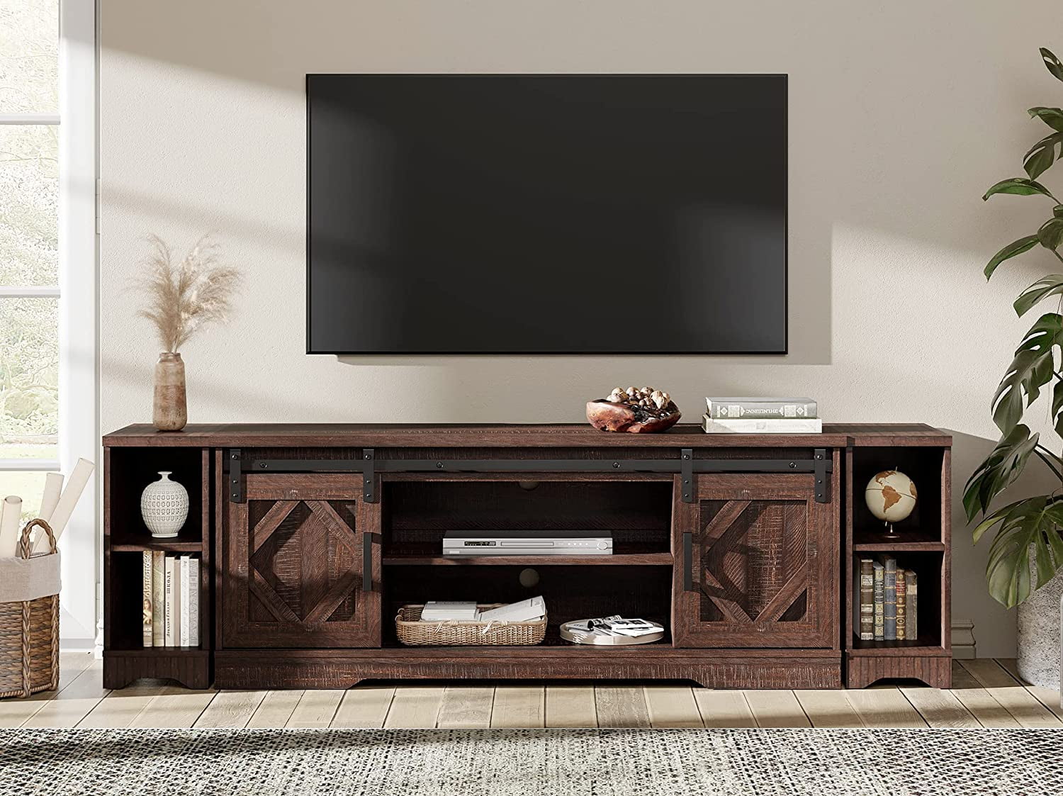 WAMPAT Modern Farmhouse TV Stand for up to 85" TVs Wood Entertainment Center with Open Storage