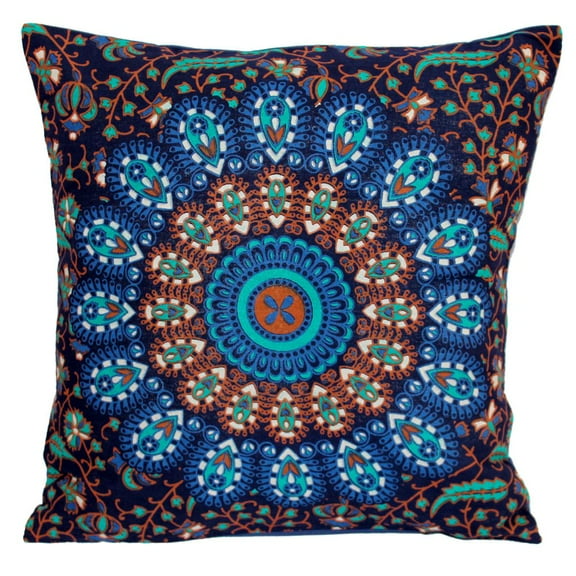 Stylo Culture Indian Settee Sofa Throw Pillow Cover 16x16 Peacock Eye Printed Dark Blue Green Traditional 40 x 40 cm Home Decor Cotton Mandala Square Cushion Cover | 1 Pc
