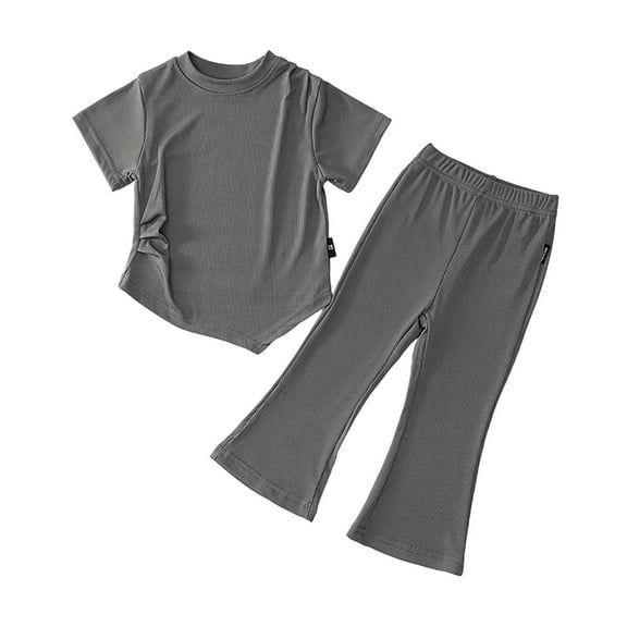 WRKEKC Girls Summer Outfits, Girls 2 Piece Casual Outfits, Girls' Casual Irregular Bottom Top Flared Cropped Pants Two-Piece Setshort Sleeve Round Neck Top Shirt Outfits