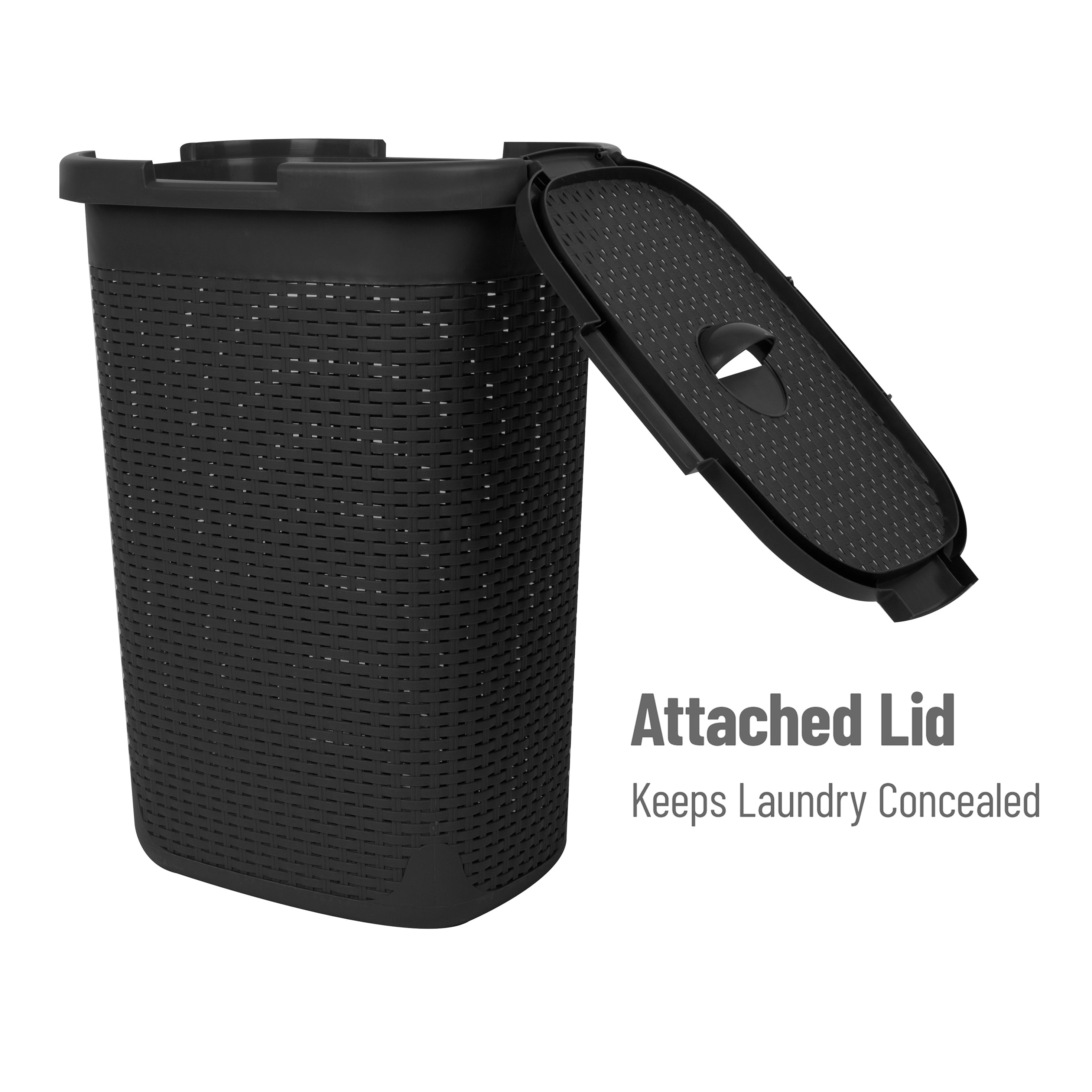 Mind Reader 60L Slim Laundry Hamper, Clothes Basket, Lid, Wicker Design, Plastic, 17.65"L x 13.75"W x 24.15"H, Set of 3, Black