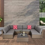Kinbor 7 Pcs Outdoor Furniture Set Wicker Sectional Sofa Patio Conversation Sofa Gray Cushion Set