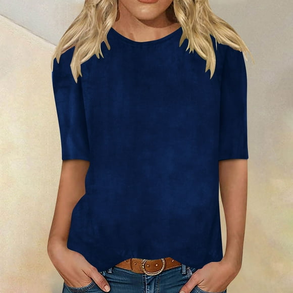 Fartey 2025 Womens Half Sleeve Tshirt Tops Fashion Elegant Velvet Crew Neck T Shirts Slim Fit Summer Tunic Tops Dressy Casual Cute Going out Blouses Blue S-3XL