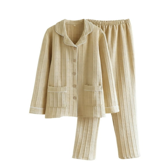 2 Piece Sets Pajamas Lapel Button Down Pockets Tops Elastic Waist Long Pants Thermal Comfy Bibbed Winter Home Wear (XL, Yellow)