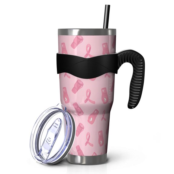 40oz Tumbler,Pink Ribbon Pattern Insulated Tumblers with Removable Handle,Stainless Steel Double Vacuum Coffee Tumbler Cup with Straw for Home,Office,Travel,Party