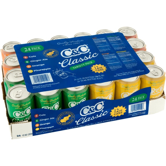 C&C Classic Soda Variety Pack, 12 fl oz Cans (24 Pack) Cola, Ginger Ale, Orange & Pineapple