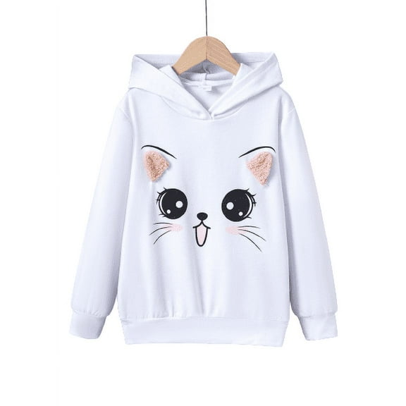 Mikrdoo Plush Ears Cat Face Print 8Y,9Y,10Y,11-12Y,13-14Y Kid Girls Trendy Creative Graphic Hoodie Sweatshirt Tops Kids Fall Clothes Gift Idea 9 Years White