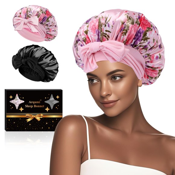 Gorro de seda satinada Arqumi para mujeres que duermen, 2 unidades, negro + Pi