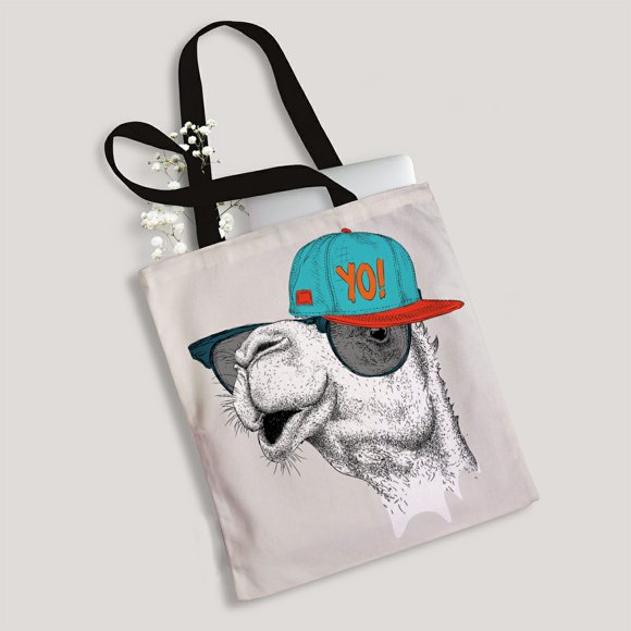 EREHome The image of the camel in the glasses in hip-hop hat Canvas Bag Reusable Tote Grocery Shopping Bags Tote Bag 14"(W) x 16"(H)