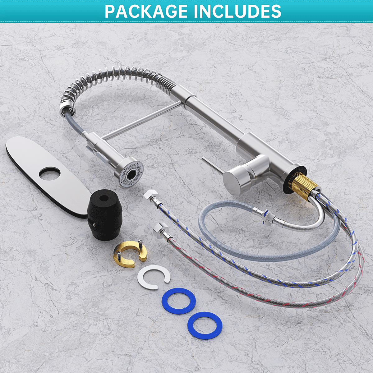 Kitchen Faucet w/ Pull Down Sprayer, High Arc Spring Kitchen Sink Faucet, Modern rv Single Handle Water faucets with Deck Plate&Water Lines, Dual Function for Bar/Laundry/Utility Sink, Brushed Nickel