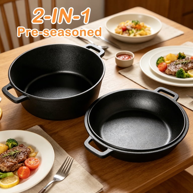Gijjgole 5-Quart Pre-Seasoned Cast Iron Dutch Oven with Skillet Lid photo 3