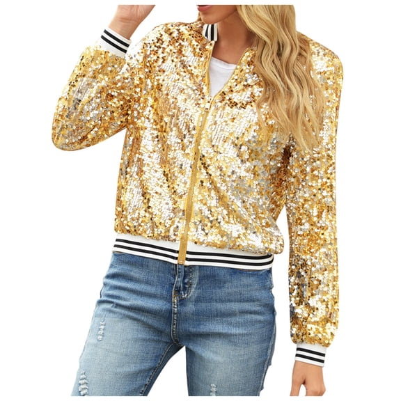 HXWCHs Women's Autumn Winter Sequin Denim Jacket Long Sleeve Casual Cardigan Baseball Style Outerwear XL Gold