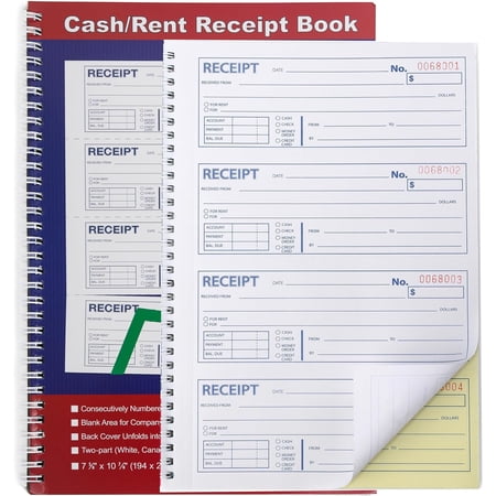 Money and Rent Receipt Book 2-Part Carbonless 7-5/8" x 11" Spiral Bound 200 Sets per Book 4 Receipts per Page(1pack)