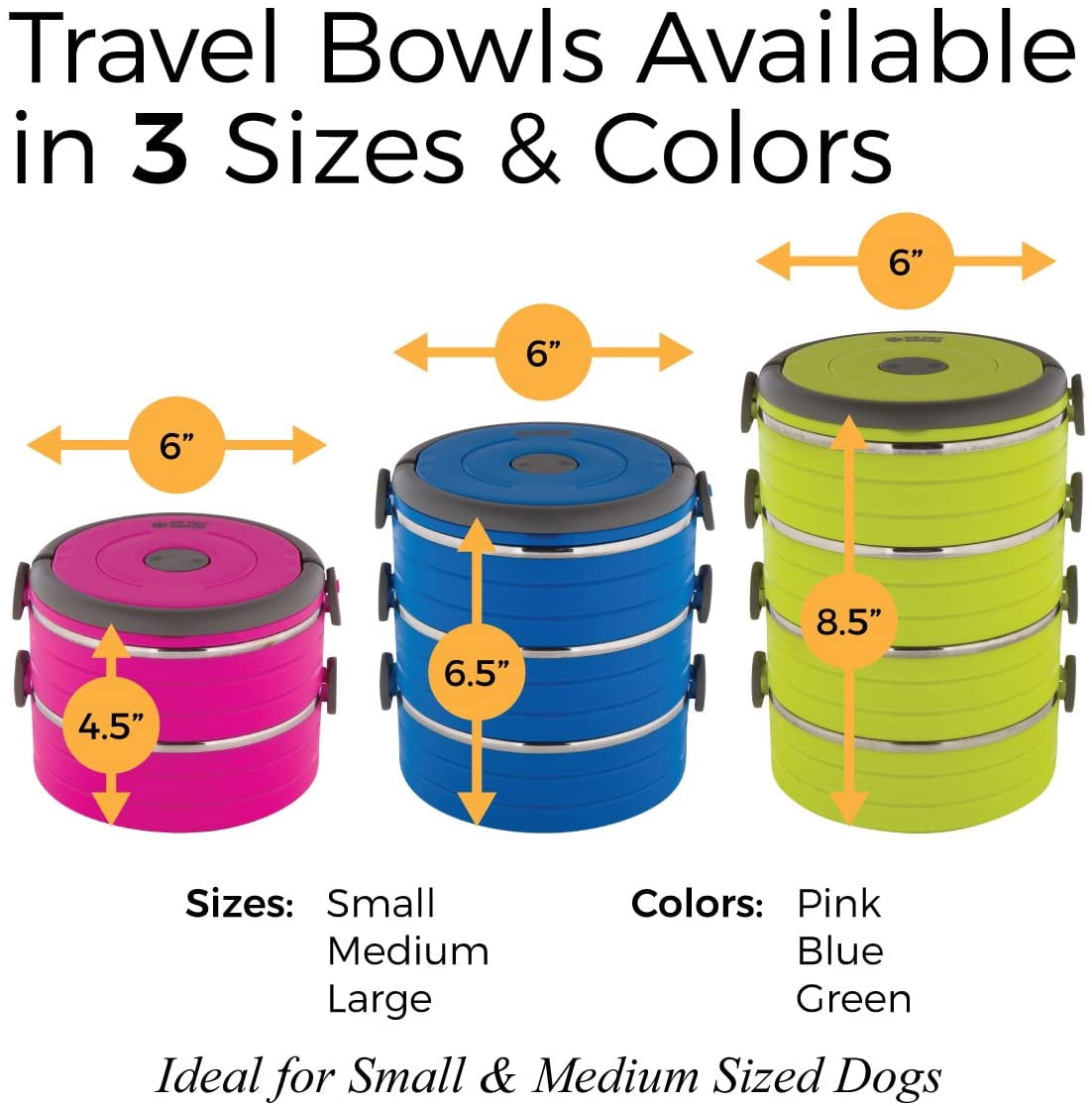Healthy Human Travel Dog Bowls | Stainless Steel Go Pet Bento Bowl | Stackable Cat & Dog Food Bowls | Leak Proof | Set of 3 Interlocking Bowls, 2 Spare Clips, 1 Spare Handle (Green)