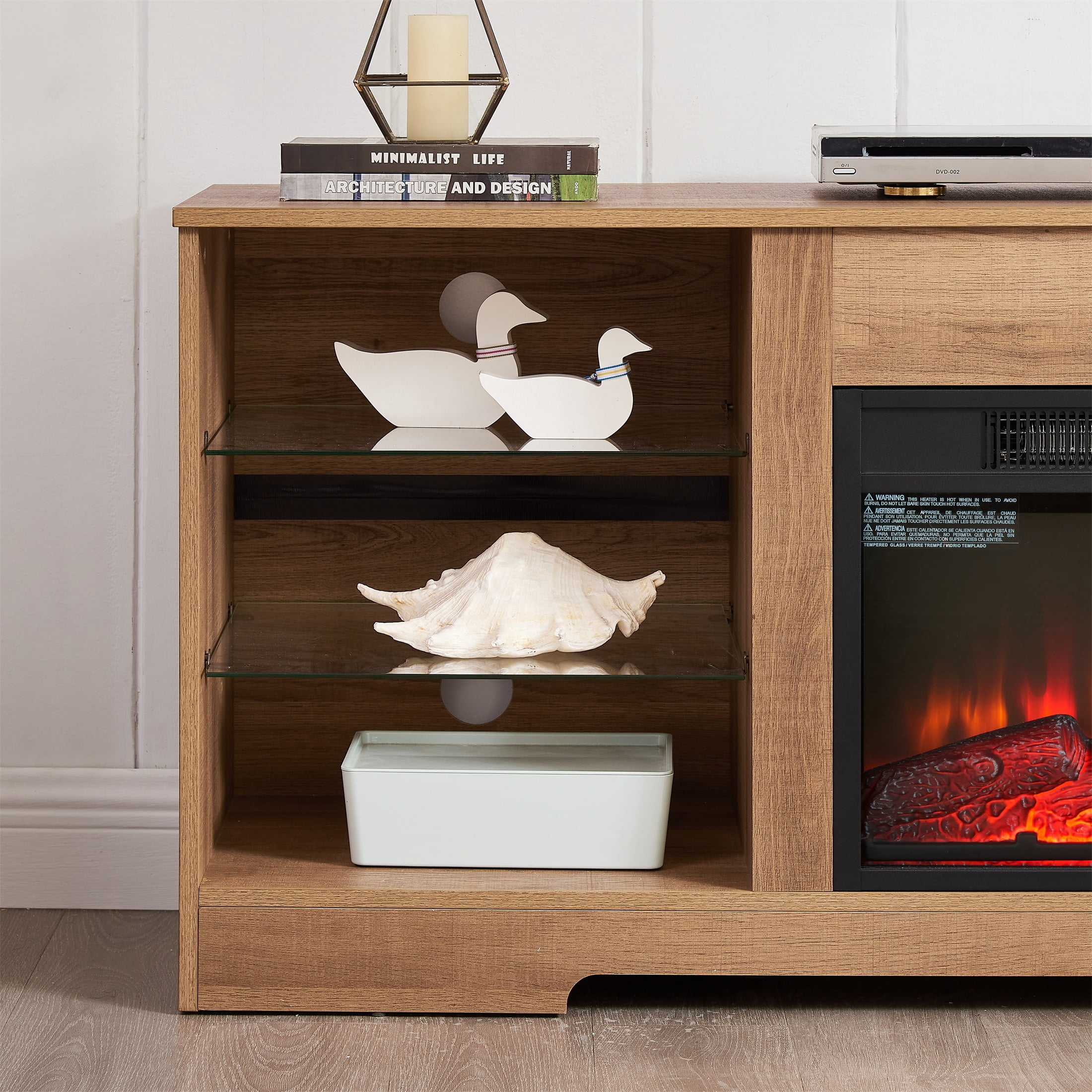 SESSLIFE Fireplace TV Stand, 58" LED Light Entertainment Center with Adjustable Flame Fireplace, Power Outlets & Shelves, Remote & App Control, TV Stand with Fireplace for Living Room, Oak