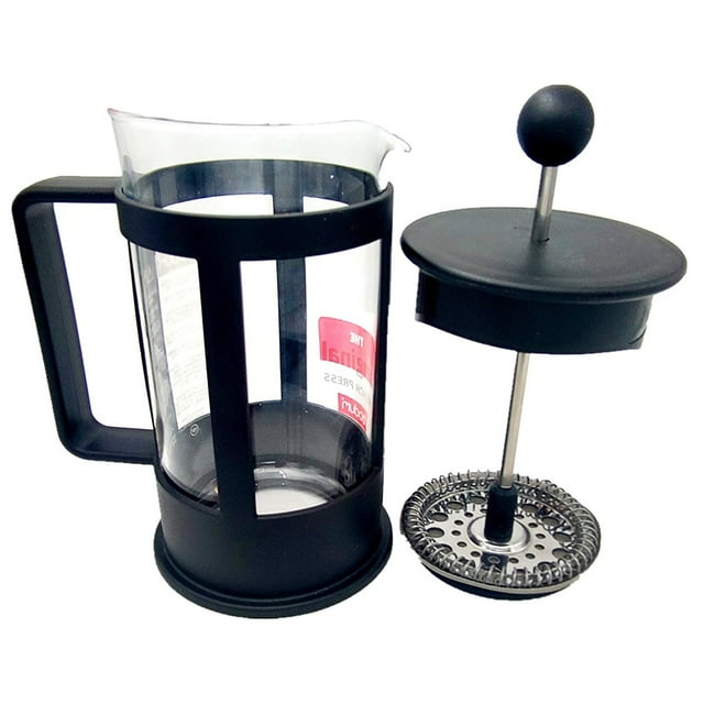 34Oz, 8Cup French Press Coffee Makers and Tea Machines with a 4-inch stainless steel French press replacement coffee filter mesh. The image shows a French press coffee maker with a black handle and frame, a clear glass carafe, and a detachable plunger with a fine mesh filter. Designed for high filtration quality, the stainless steel filter features a reinforced center ring for durability. Compatible with various French press brands and easy to clean for fresh-tasting beverages.
