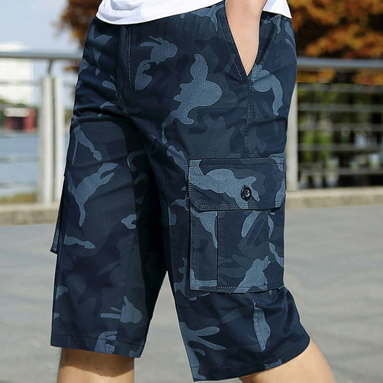 VSSSJ Cargo Shorts for Men Slim Fit Fashion Camouflage Print Elastic Waist  Zipper Buttons Five Point Multi-Pockets Short Pants Leisure Quick Dry