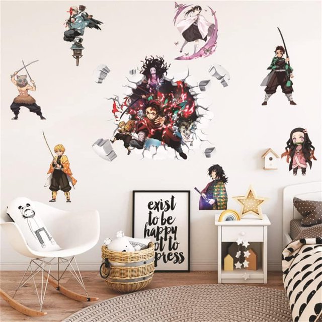 Calcomanías de pared de Demon Slayer, dibujos animados de anime para niños, dormitorio B