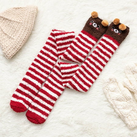 

MRULIC socks for women Womwn Coral Fleece Socks Over The Knee Thicken Warm Sleeping Towel Striped Socks Brown + One size