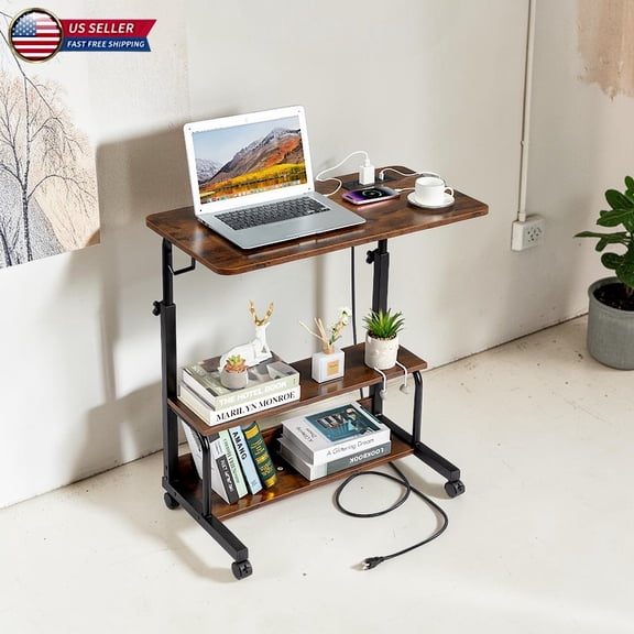 Hassch Rolling Laptop Desk with Power Outlets and USB Ports, 26.4"-41.5" Height Adjustable Computer Workstation with Storage Shelves and Side Hooks for Study and Office, Vintage Brown