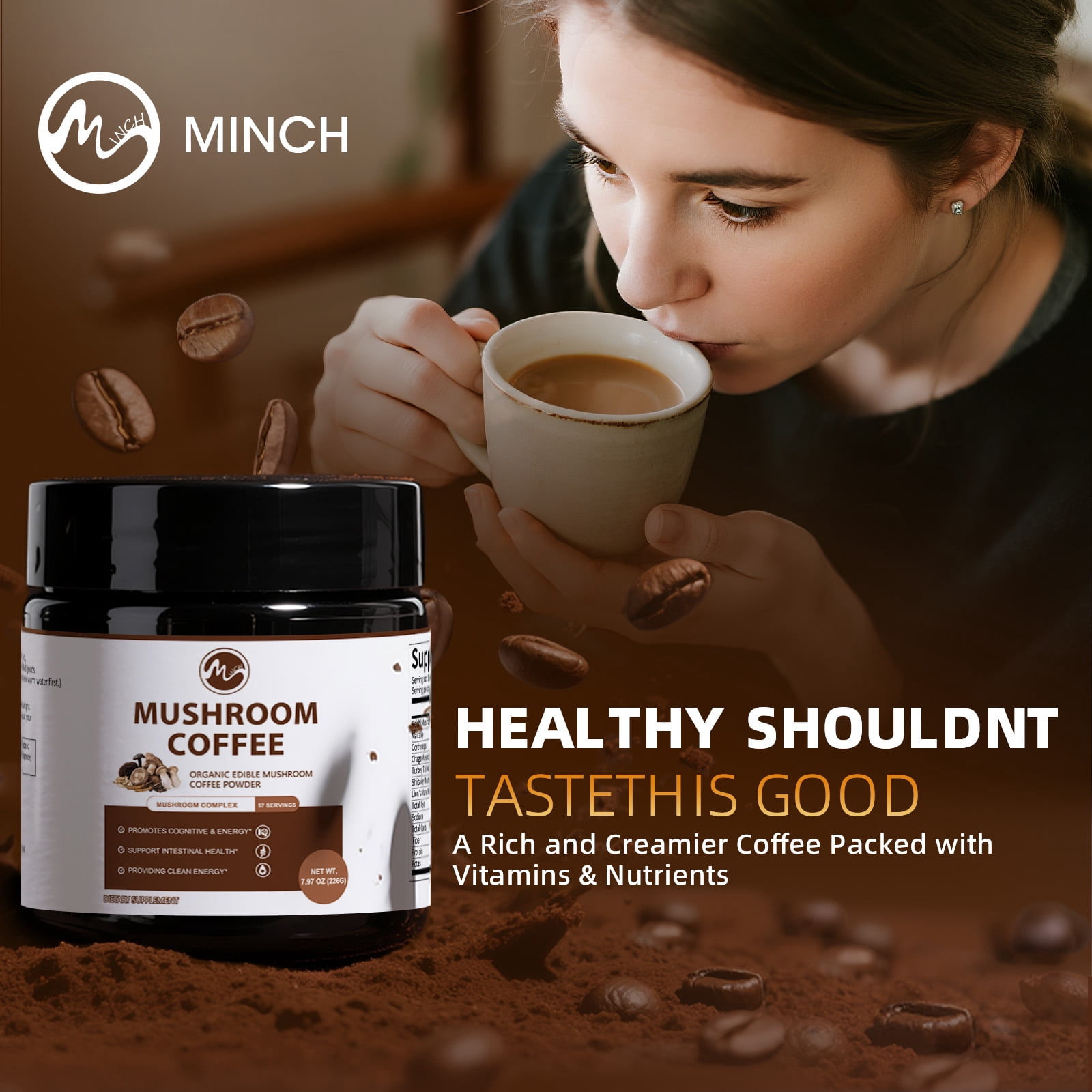 Mushroom Coffee Powder, Mushroom Supplement,for Energy, Focus, Memory and Immunity, 7.97 oz 57 Servings