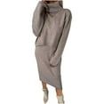 thumbnail image 3 of Jinhomg Womens Knit Two Piece Lounge Set Fall Winter Casual Solid Cotton Outfits Comfy Long Sleeve Turtleneck Tops with Sleeveless Midi Dresses Khaki M, 3 of 10