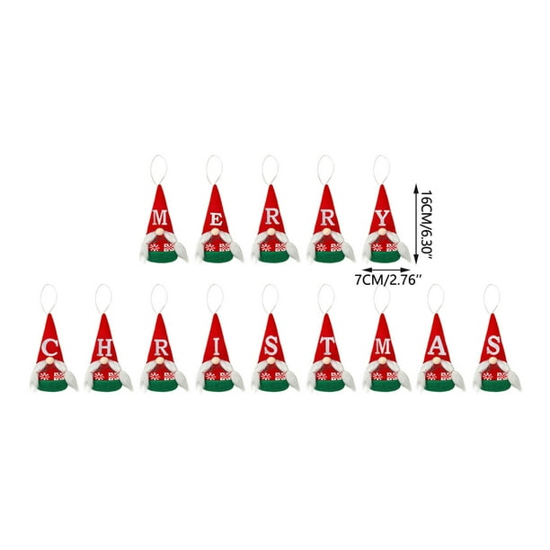Gnomo navideño sin rostro con adornos de letras de Feliz Navidad