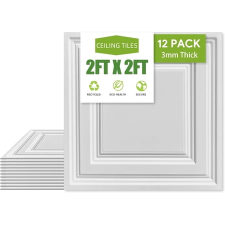 2ft x 2ft Drop Ceiling Tiles,White Icon Relief Ceiling Tiles 24 x 24in. Waterproof, Washable and Fire-Rated - Reusable - High-Grade PVC to Prevent Breakage Cover 48 Sq. Ft,Pack of 12 Tiles