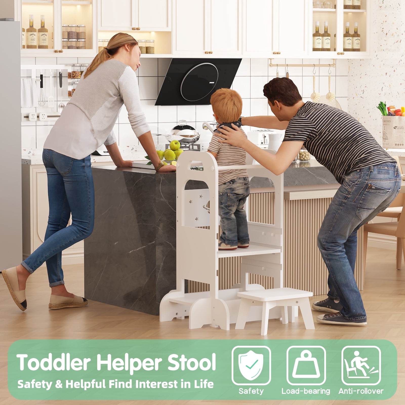 Yoneston Toddler Tower with Stool, Sky Pattern Designed Toddler Kitchen Kids Step Stool Helper with Safety Protection, White