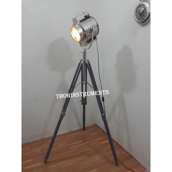 Designers Searchlight & Grey Tripod Stand Wood Shiny Chrome