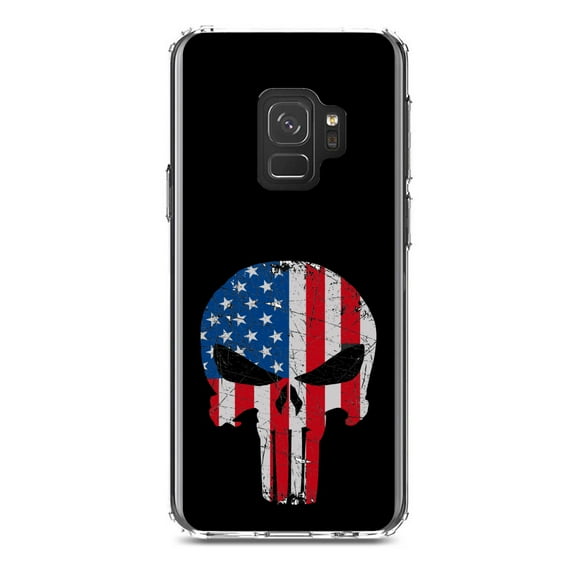DistinctInk Clear Shockproof Hybrid Case for Samsung Galaxy S9 (5.8" Screen) - TPU Bumper, Acrylic Back, Tempered Glass Screen Protector - US Flag Skull Red White & Blue
